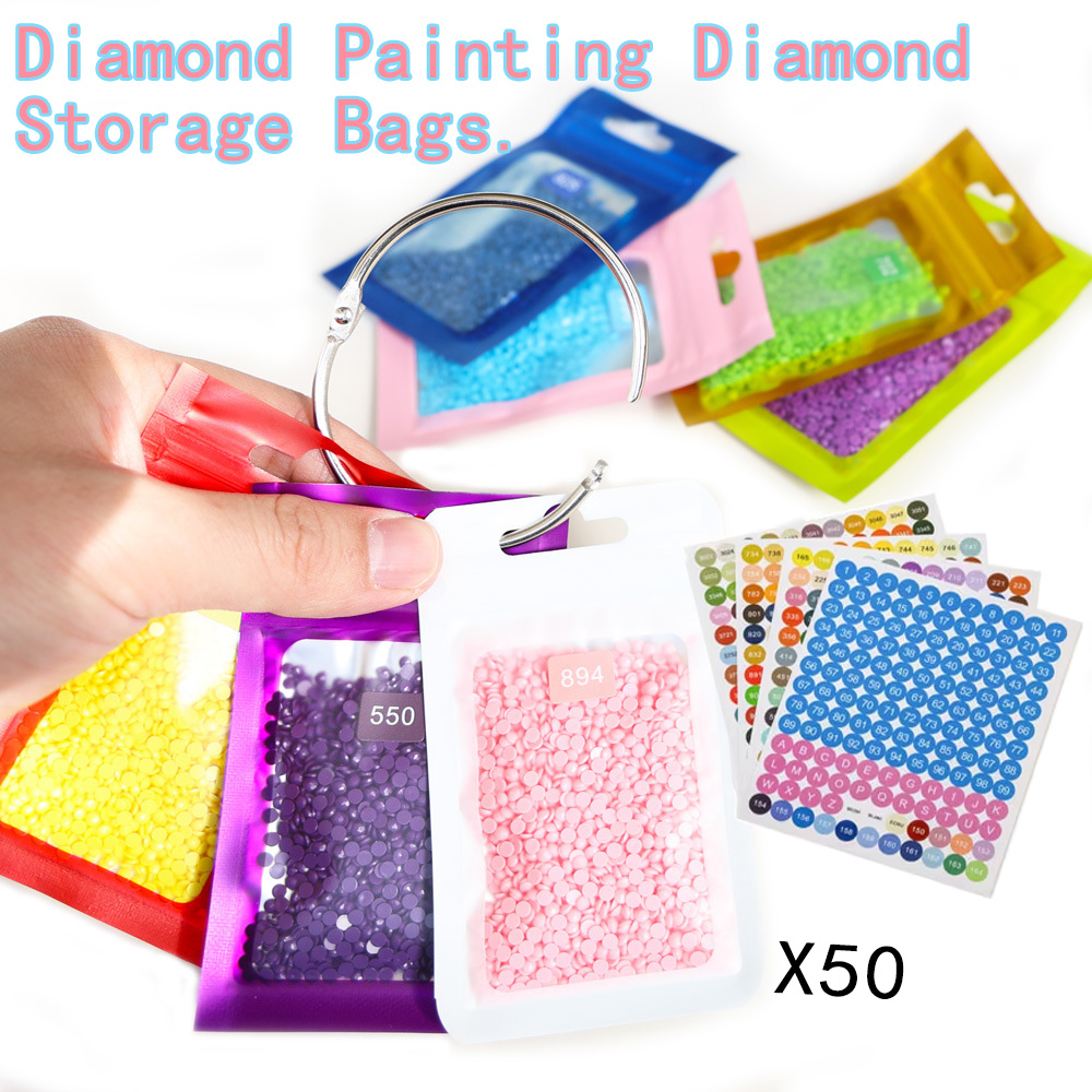 Reusable Zip Bag - 50pcs 다이아몬드 페인팅 비즈 보관 가방(라벨